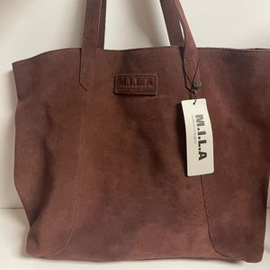 NWT M.I.L.A Chocolate Brown 100% Suede Leather Tote Bag With Clutch